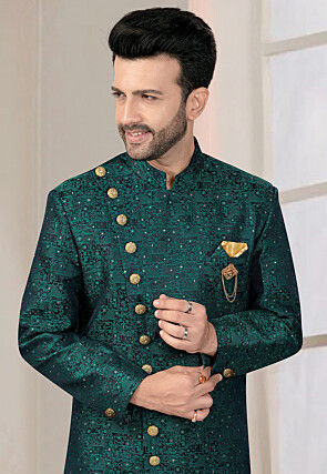Woven Art Silk Jacquard Sherwani in Black and Teal Green