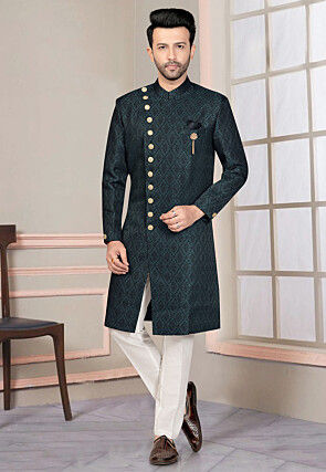 Woven Art Silk Jacquard Sherwani in Black and Teal Green