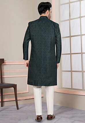 Woven Art Silk Jacquard Sherwani in Black and Teal Green