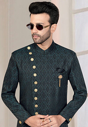 Woven Art Silk Jacquard Sherwani in Black and Teal Green