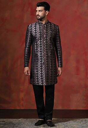Woven Art Silk Jacquard Sherwani in Black