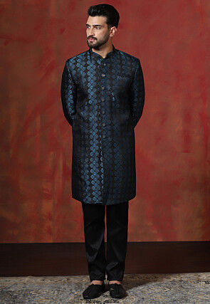 Woven Art Silk Jacquard Sherwani in Black