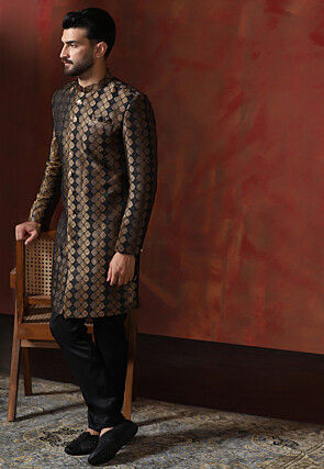 Woven Art Silk Jacquard Sherwani in Black