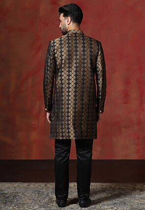 Woven Art Silk Jacquard Sherwani in Black