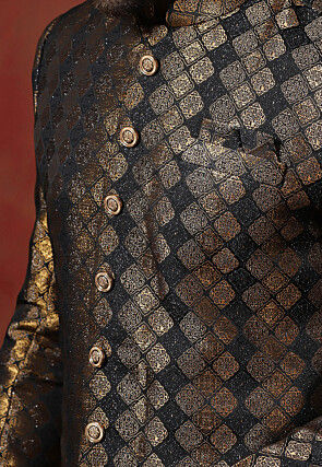 Woven Art Silk Jacquard Sherwani in Black