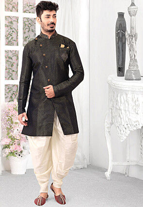 Woven Art Silk Jacquard Sherwani in Black