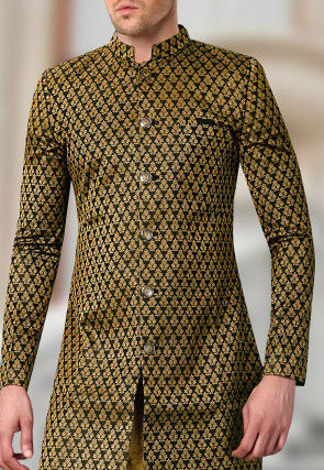 Woven Art Silk Jacquard Sherwani in Black