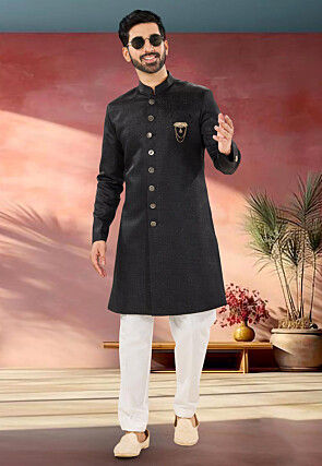 Woven Art Silk Jacquard Sherwani in Black