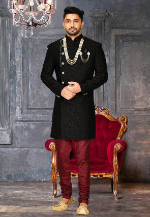 Woven Art Silk Jacquard Sherwani in Black