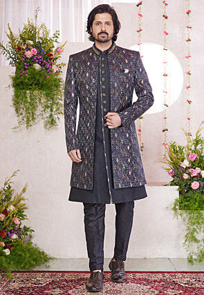 Woven Art Silk Jacquard Sherwani in Black