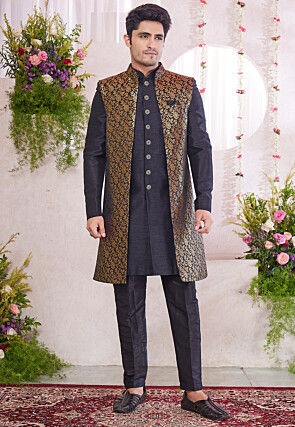 Woven Art Silk Jacquard Sherwani in Black