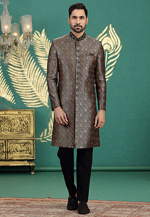 Woven Art Silk Jacquard Sherwani in Black
