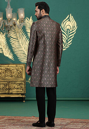 Woven Art Silk Jacquard Sherwani in Black