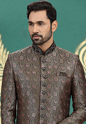 Woven Art Silk Jacquard Sherwani in Black