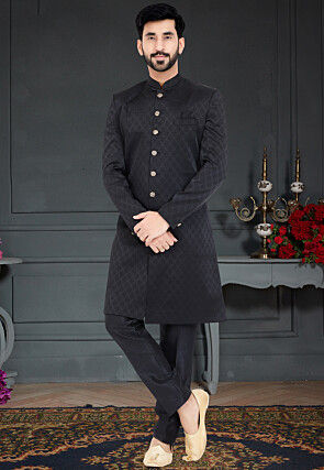 Woven Art Silk Jacquard Sherwani in Black