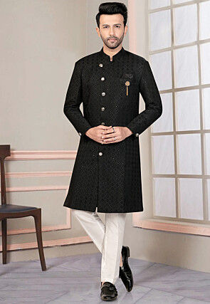Woven Art Silk Jacquard Sherwani in Black