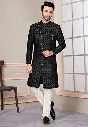 Woven Art Silk Jacquard Sherwani in Black