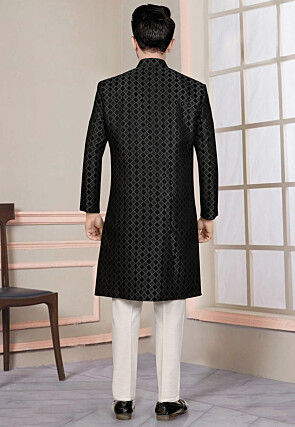 Woven Art Silk Jacquard Sherwani in Black