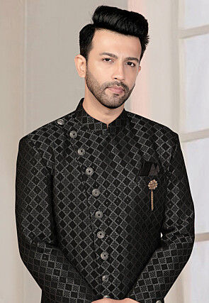 Woven Art Silk Jacquard Sherwani in Black