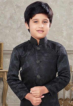 Woven Art Silk Jacquard Sherwani in Black