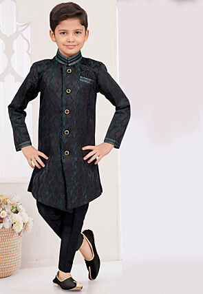 Woven Art Silk Jacquard Sherwani in Black