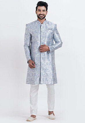 Woven Art Silk Jacquard Sherwani in Blue