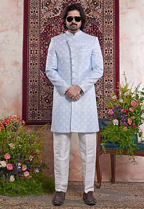 Woven Art Silk Jacquard Sherwani in Blue