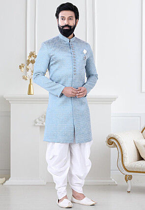 Woven Art Silk Jacquard Sherwani in Blue