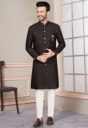 Woven Art Silk Jacquard Sherwani in Brown and Black