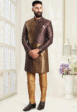 Woven Art Silk Jacquard Sherwani in Brown