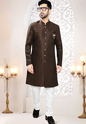 Woven Art Silk Jacquard Sherwani in Brown