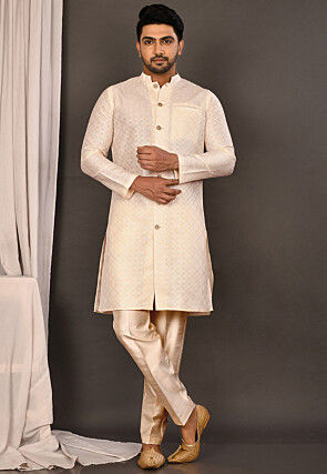 Woven Art Silk Jacquard Sherwani in Cream