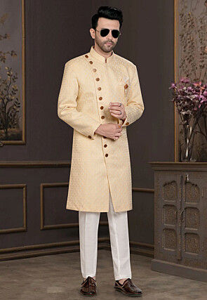 Woven Art Silk Jacquard Sherwani in Cream