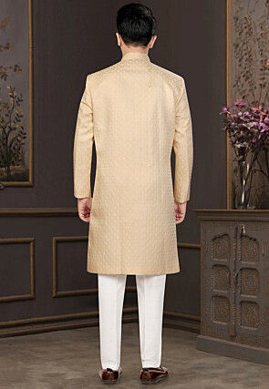 Woven Art Silk Jacquard Sherwani in Cream