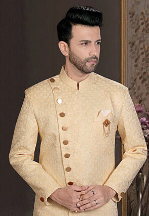 Woven Art Silk Jacquard Sherwani in Cream