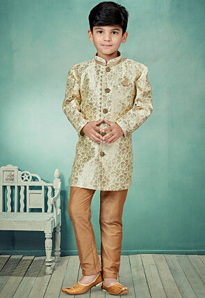 Woven Art Silk Jacquard Sherwani in Cream