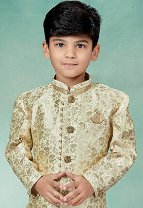 Woven Art Silk Jacquard Sherwani in Cream