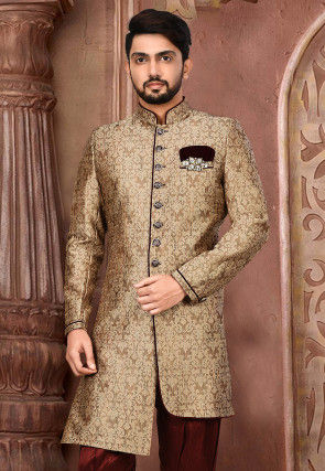 Woven Art Silk Jacquard Sherwani in Dark Beige