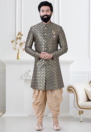 Woven Art Silk Jacquard Sherwani in Dark Green and Golden