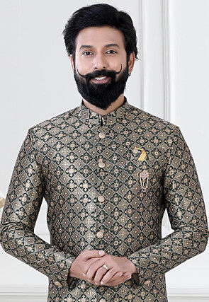 Woven Art Silk Jacquard Sherwani in Dark Green and Golden
