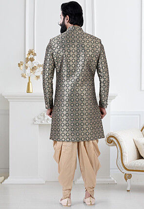 Woven Art Silk Jacquard Sherwani in Dark Green and Golden