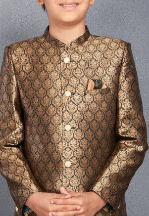 Woven Art Silk Jacquard Sherwani in Dark Green and Golden