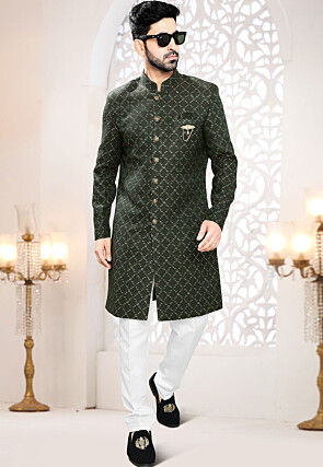 Woven Art Silk Jacquard Sherwani in Dark Green