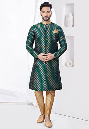 Woven Art Silk Jacquard Sherwani in Dark Green