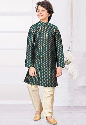 Woven Art Silk Jacquard Sherwani in Dark Green