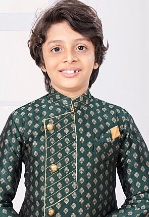 Woven Art Silk Jacquard Sherwani in Dark Green