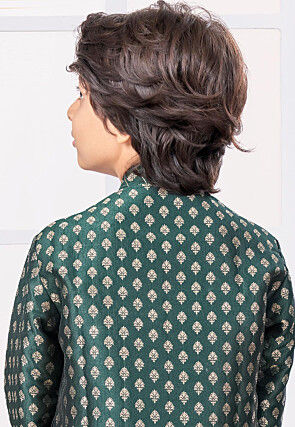 Woven Art Silk Jacquard Sherwani in Dark Green