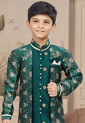 Woven Art Silk Jacquard Sherwani in Dark Green