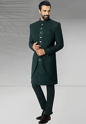 Woven Art Silk Jacquard Sherwani in Dark Teal Green