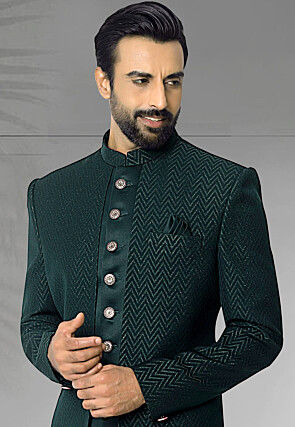 Woven Art Silk Jacquard Sherwani in Dark Teal Green